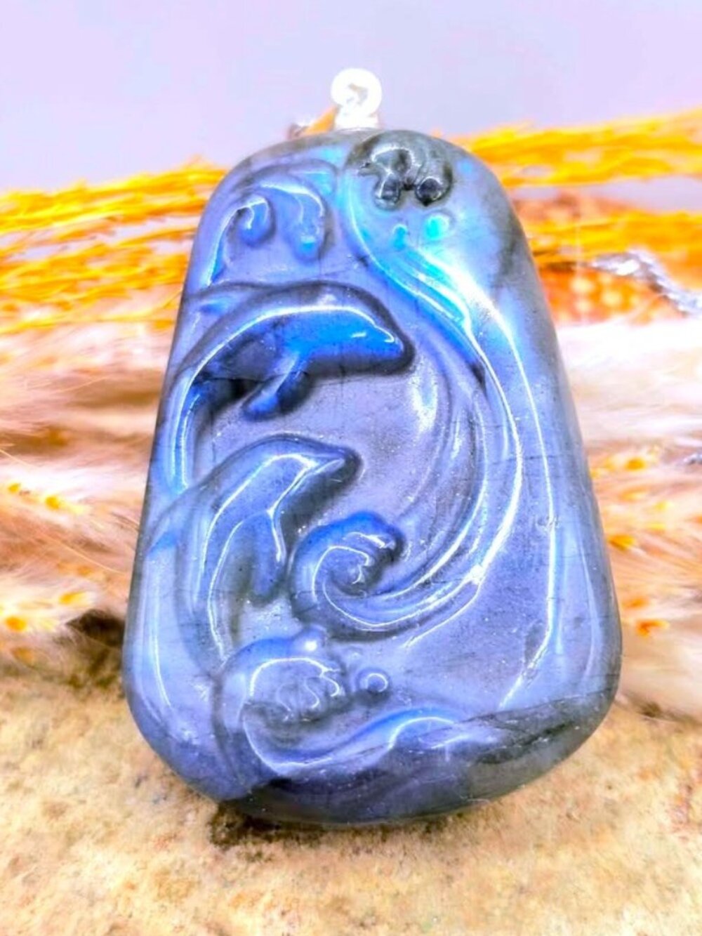 Labradorite Dolphin Pendant • Strong Blue Flash • Double Dolphin Carving • 1.6"